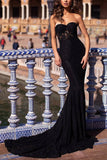 Black Sweetheart Strapless Sleeveless Lace Mermaid Long Prom Dress