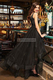 Black Tulle Low V-neck Beading Open Back Evening Dresses