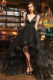 Black Tulle Low V-neck Beading Open Back Evening Dresses