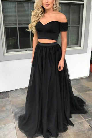 Robe de soirée noire deux pièces à épaules dénudées