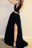 Black Two Pieces V-Neck Split Spaghetti Straps Tulle Evening Prom Dress Dresses