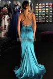 Chic Blue V-neck Spaghetti Straps Mermaid Prom Dress.