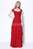 Burgundy Cap Sleeves Appliques Ruffled Prom Bridesmaid Dress