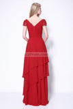 Burgundy Cap Sleeves Appliques Ruffled Prom Bridesmaid Dress