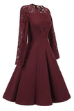 Burgundy Lace Fit And Flare Prom Dress With Long Sleeves