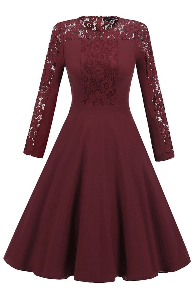 Burgundy Fit And Flare Lace Homecoming Dress With Sleeves