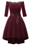 Burgundy Lace Off-the-shoulder High Low Prom Dress