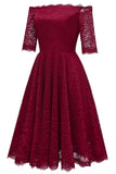 Burgundy Off-the-shoulder Lace Bridesmaid Prom Dress With Sleeves - Mislish