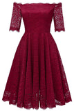 Burgundy Off-the-shoulder Lace Bridesmaid Prom Dress With Sleeves - Mislish