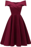 Burgundy Off-the-shoulder Satin A-line Prom Dress - Mislish