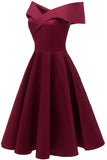 Burgundy Off-the-shoulder Satin A-line Prom Dress - Mislish