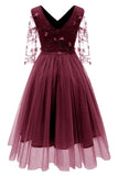 Burgundy V-neck A-line Applique Prom Dress With Long Sleeves