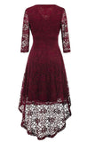 Burgundy V-neck Lace High Low Prom Dress