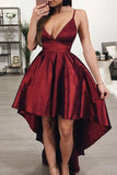 Burgundy V-neck Spaghetti Straps Asymmetrical Prom Dress