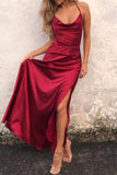 Burgundy A-line Criss Cross Straps Prom Dress With High Slit.