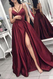 Burgundy A-line V-neck Spaghetti Straps Evening Dress With High Slit