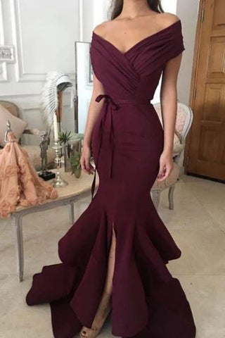 Burgundy Bow Ruffled Mermaid Off The Shoulder Slit Prom Dress