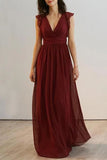 Burgundy Cap Sleeves Backless V-Neck A-Line Chiffon Bridesmaid Prom Dress Dresses