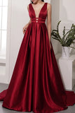 Burgundy Deep V-Neck Sleeveless Ball Gown Dresses