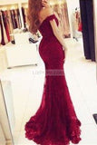 Burgundy Off-The-Shoulder Mermaid Lace Beaded Prom Dress Dresses