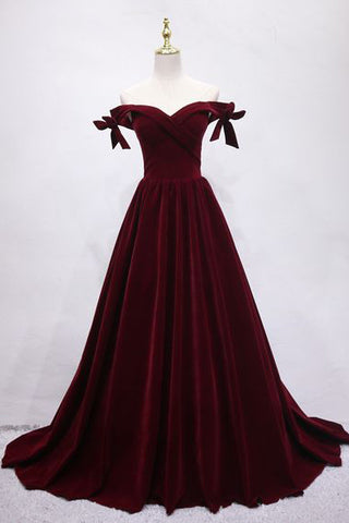 Burgundy Velvet Off-the-Shoulder Train Prom Evening Gown