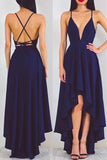 Navy Blue High Low Chiffon Evening Prom Dress.