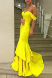 Celebrity Inspired Yellow Mermaid Off Shoulder Ruffled Formal Prom Dress Dresses