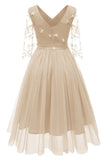 Champagne V-neck A-line Applique Prom Dress With Long Sleeves