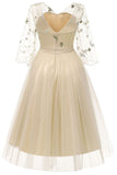 Champagne V-neck A-line Applique Prom Dress With Long Sleeves