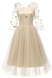 Champagne V-neck A-line Applique Prom Dress With Long Sleeves