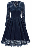 Dark Navy V-neck Prom Dress With Long Sleeves