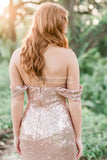 Champagne Backless Off The Shoulder Sequins Bridesmaid Prom Dress Dresses