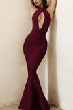 Burgundy Cut Out Halter Mermaid Sleeveless Formal Prom Dress