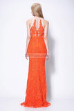 Orange Long Lace Column Halter See Through Prom Dress