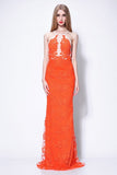 Orange Long Lace Column Halter See Through Prom Dress