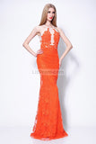 Orange Long Lace Column Halter See Through Prom Dress