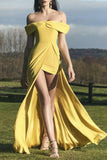 Daffodil Off The Shoulder Backless Slit A-Line Long Prom Dress Dresses