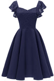 Dark Navy Cap Sleeves Satin Homecoming Dress