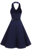 Dark Navy Halter Fit And Flare Homecoming Dress