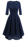 Dark Navy Lace A-line Prom Dress With Sleeves