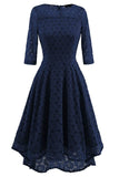 Dark Navy Lace A-line Prom Dress With Sleeves