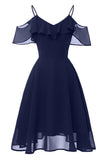 Dark Navy Off-the-shoulder A-line Spaghetti Strap Prom Dress