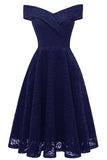 Purple Off-the-shoulder Lace Midi Prom Dress - Mislish