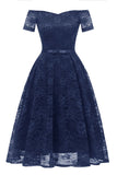 Dark Navy Off-the-shoulder Lace Prom Dress With Sleeves - Mislish