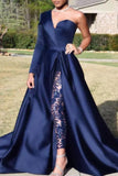 Dark Navy One-shoulder High Slit Long Prom Dress