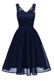 Dark Navy V-neck Lace A-line Homecoming Dress