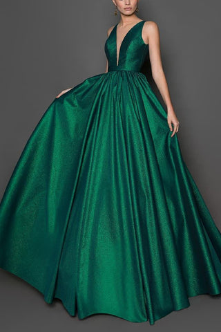 Dark Green Deep V-neck Sleeveless Evening Ball Gown