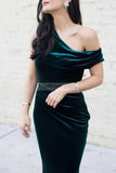 Dark Green One Shoulder Long Velvet Prom Dress Dresses