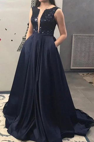 Robe de bal à paillettes bleu marine foncé, ligne A, décolleté en V profond et fermé