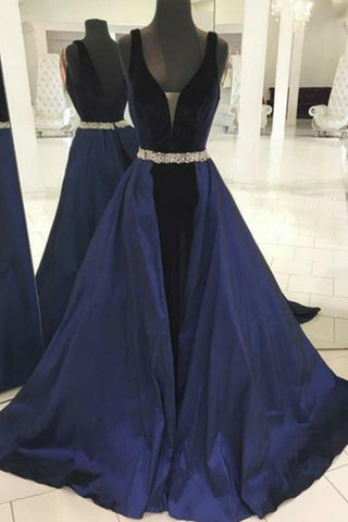 Robe de bal de soirée en velours perlé à col en V et dos nu bleu marine foncé